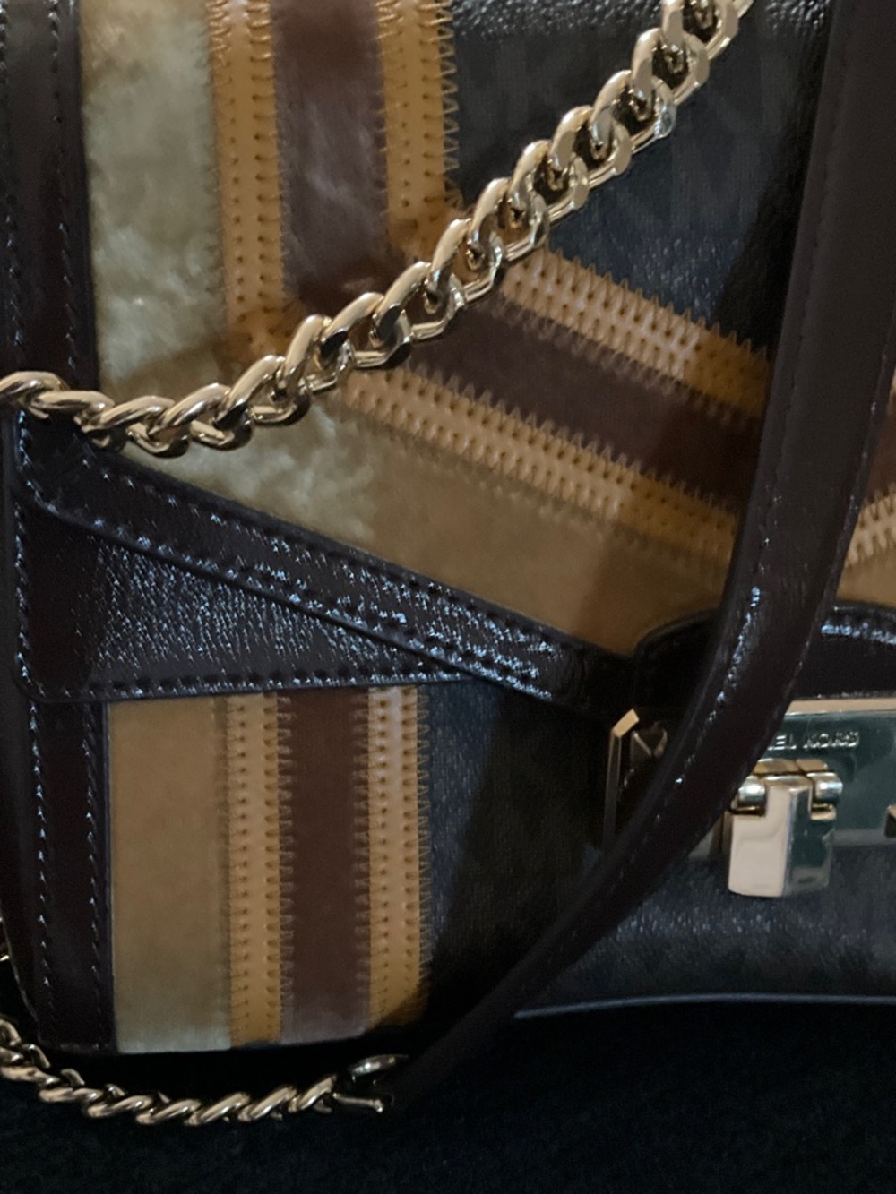 Michael Kors Brown and Mustard Striped Shoulder Bag with Gold Adjustable Chain - Picture 8 of 16